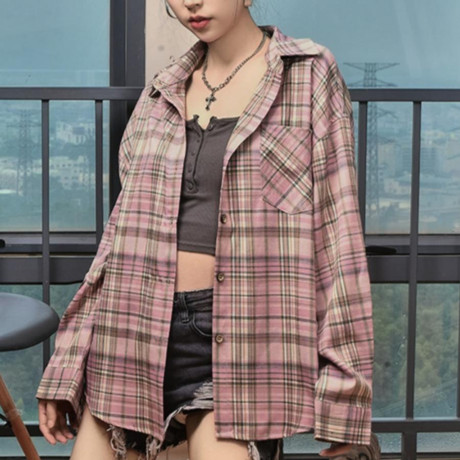 

Блузка в клетку в стиле хип-хоп, весенне-летняя клетчатая рубашка с длинным рукавом для женщин, модные повседневные рубашки с карманами и лацканами, топ L розовый
