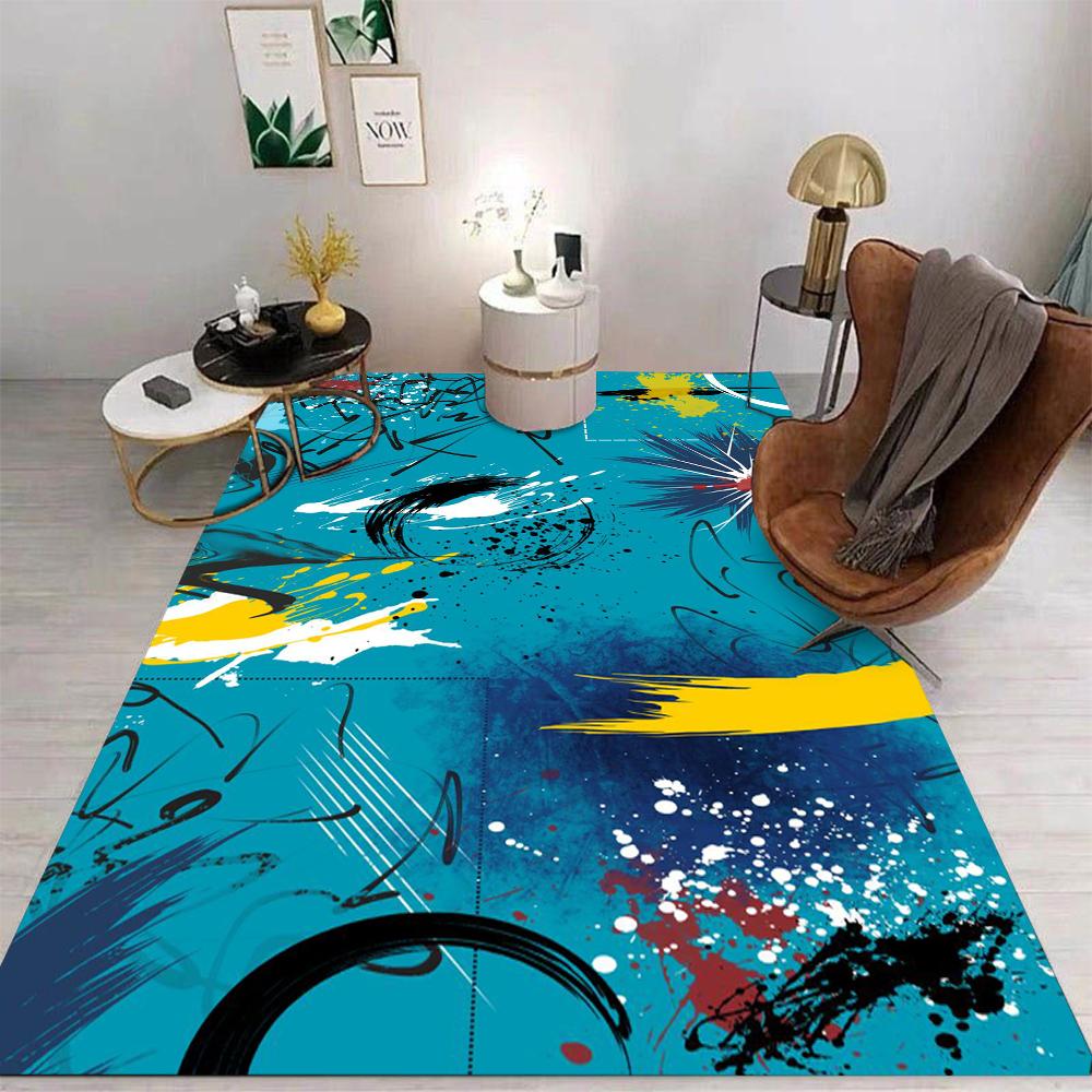 Art Splashed Ink Painting Style Carpet Retro Pattern Living Room Carpet Washable Dining Room Interior Mat Kitchen Area Carpet