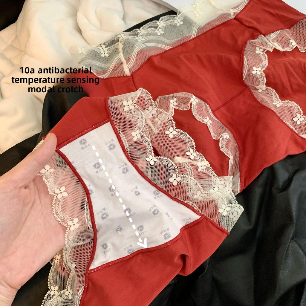 Ladies Spring and Autumn Lace Benming Year Red 10A Extended Antibacterial Crotch Mid Waist Panties