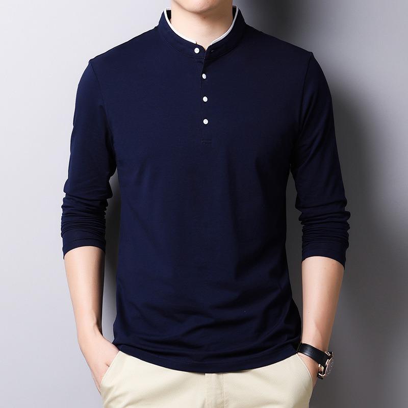 

Мужской трикотаж, модный корейский стиль, тонкий хлопковый воротник-стойка, трикотаж с длинным рукавом M синий