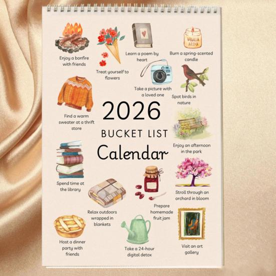 Yousheng 2026 Bucket-List-Kalender 12 Monats-Bucket-List-Wandkalender Spiralbindung Kunstplaner Notizbuch mit illustrierten Seiten Geschenk für Freunde