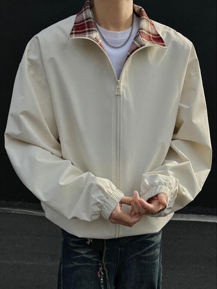 Men's Fall/Winter Plaid Patchwork Stand Collar Jacket - Trendy American High Street Style, Cool & Loose Lapel Coat