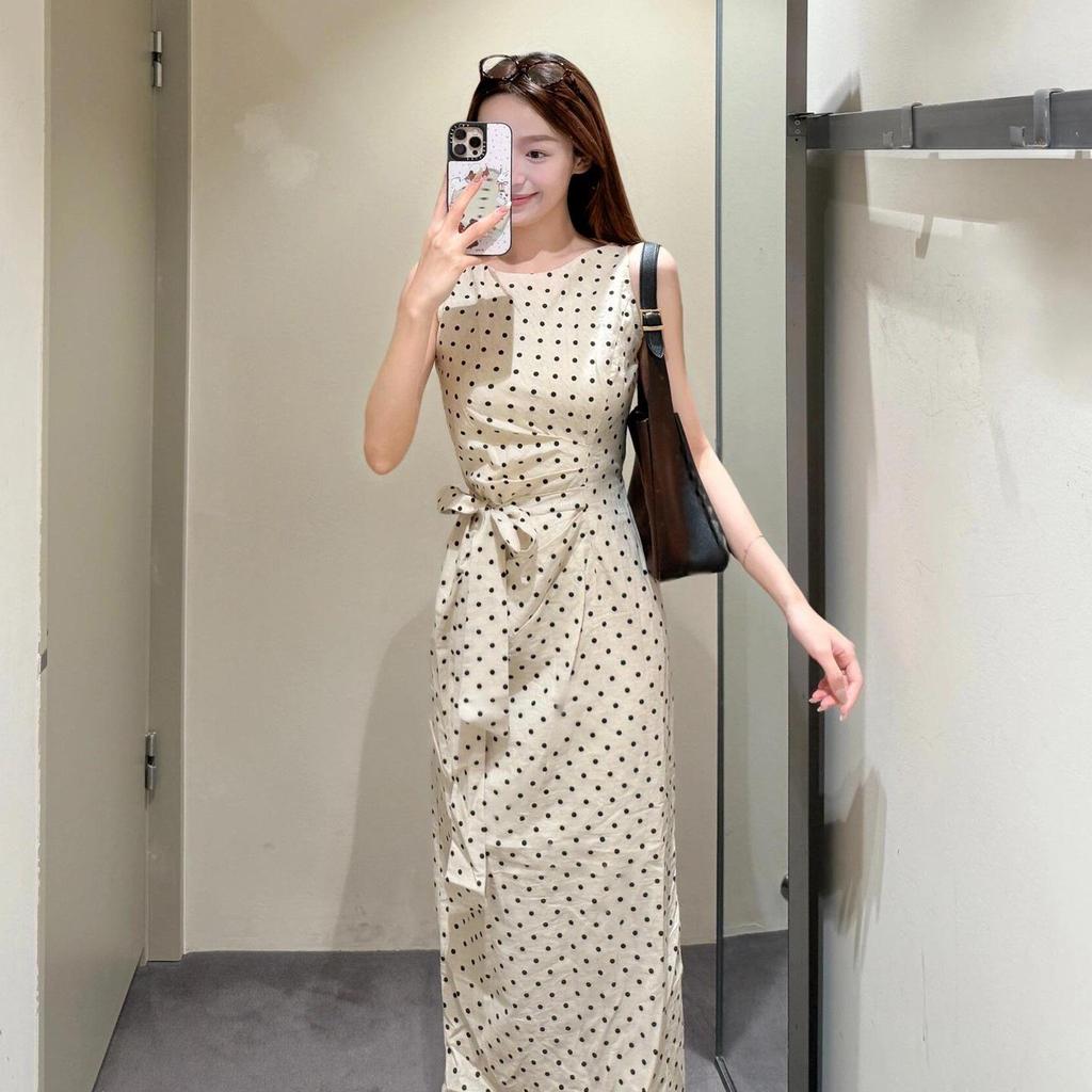 Women's French Polka Dot Slim Fit Sleeveless Midi Dress