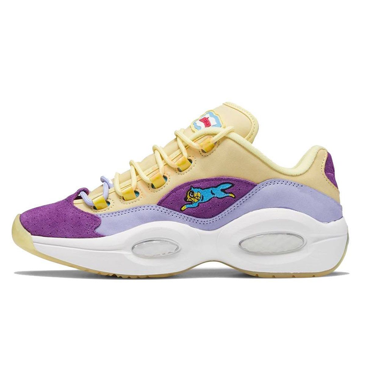 

Reebok BBC Ice Cream x Question Low Желтые сиреневые светящиеся кроссовки унисекс, разноцветные, желто-белые с фильтром, G55351
