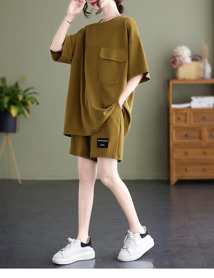 Women's Fashionable European Style Short-Sleeved Two-Piece Suits with Pockets, Plus-Size, Slimming Shorts, Casual Design.