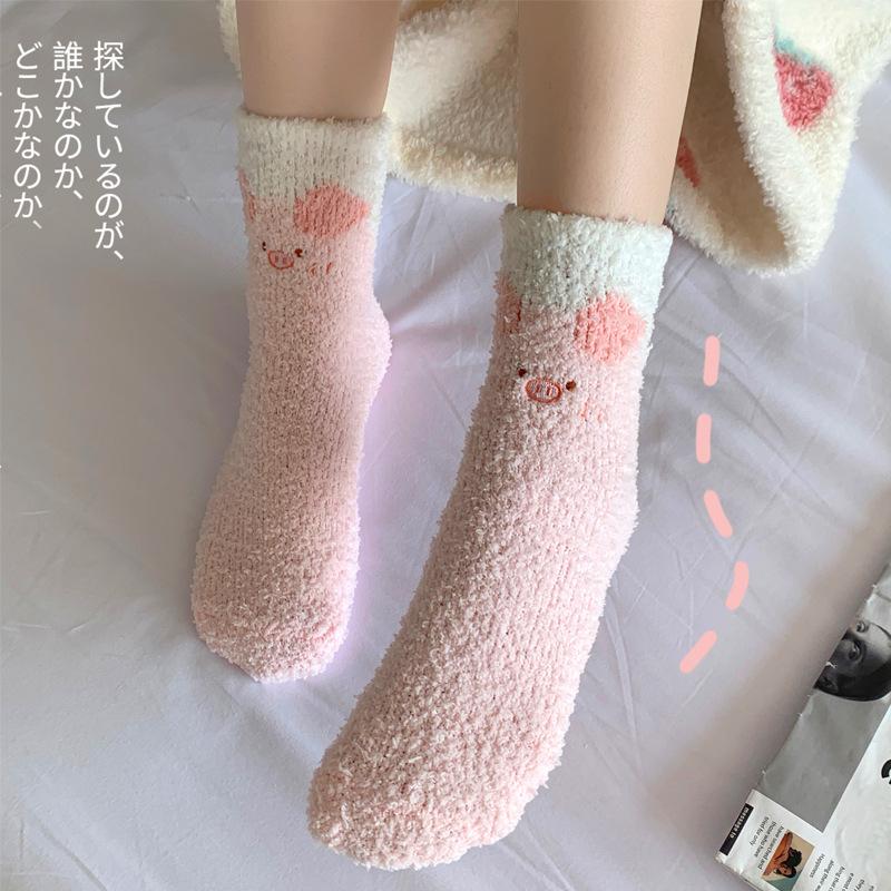 Winter Coral Fleece Socks Female Cartoon Cute Plush Thickened Sleeping Socks Female Medium Tube Floor Confinement Socks Female