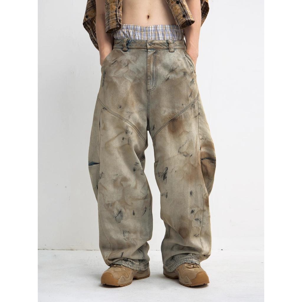 Washed and old design jeans summer new genderless heavy industry dirty wash wide leg loose scimitar pants