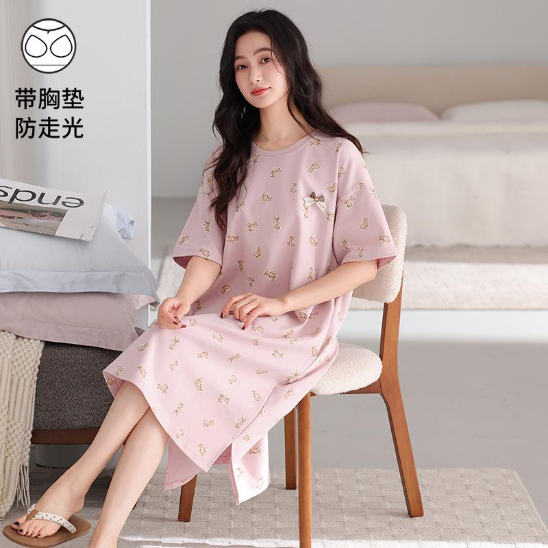 With Chest Pad~ Casual Nightdress Women's Summer Thin Cotton Short-sleeved Striped Medium and Long Dress Large Size Loungewear 55kg