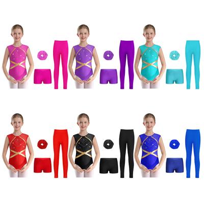 Dívčí gymnastický taneční set Bez rukávů Třpytivé Kamínky Trikot V-přední Pas Šortky Legíny Pokrývka hlavy