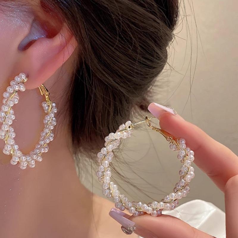 Women S925 Silver Needle Pearl Wrapped Circle Fashion Earrings Light Luxury Jewelry