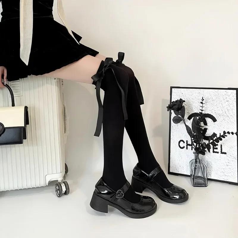 Women'S Delicate Bow Velvet Thigh High Stockings Spring Summer Soft Lolita Lace-Trimmed Bow Ribbon Jk Thin Over-The-Knee Socks