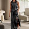 Women Beach Dress Round Neck Sleeveless Elastic High Waist Maxi Dress