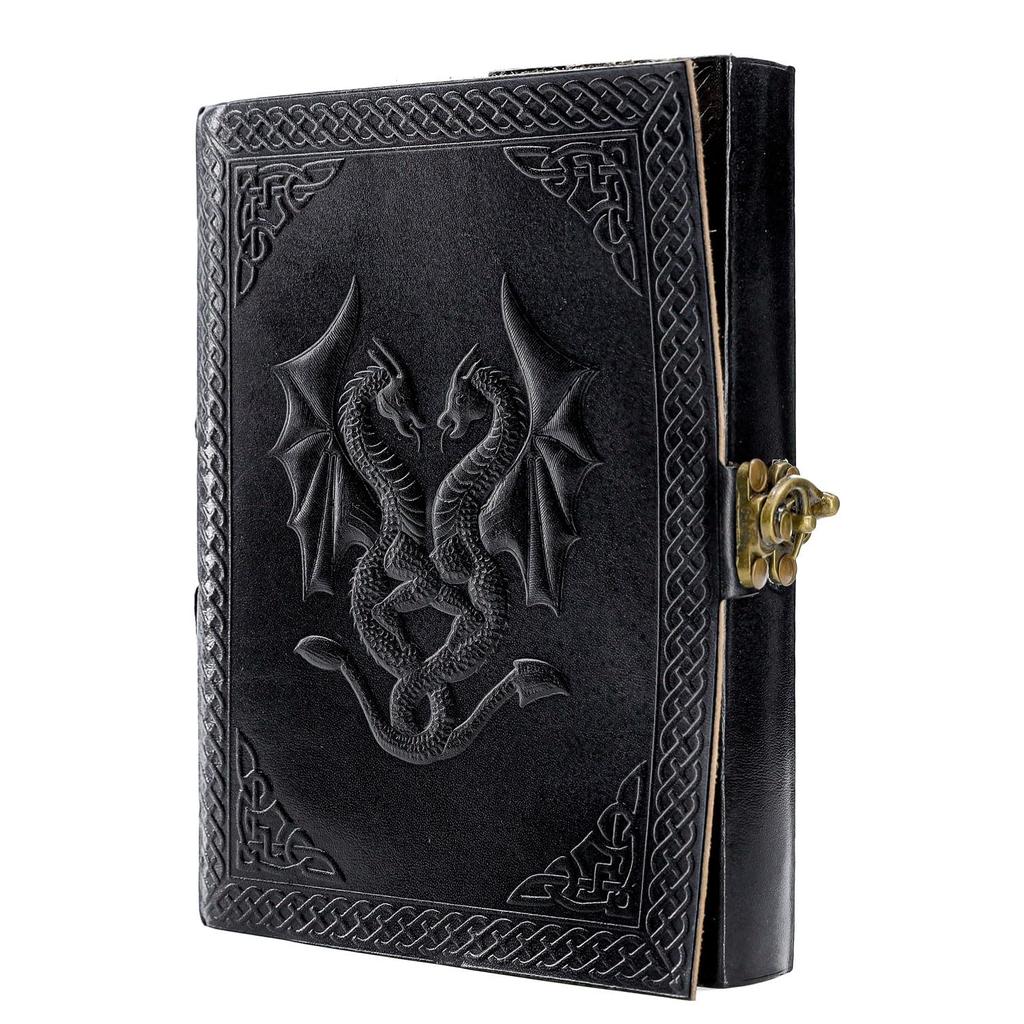 Passion Leather Handgefertigtes Notizbuch mit doppeltem Drachenmotiv, Unisex, unliniertes Papier, mittelgroßer Schreibblock, Künstlergeschenk, Komal's