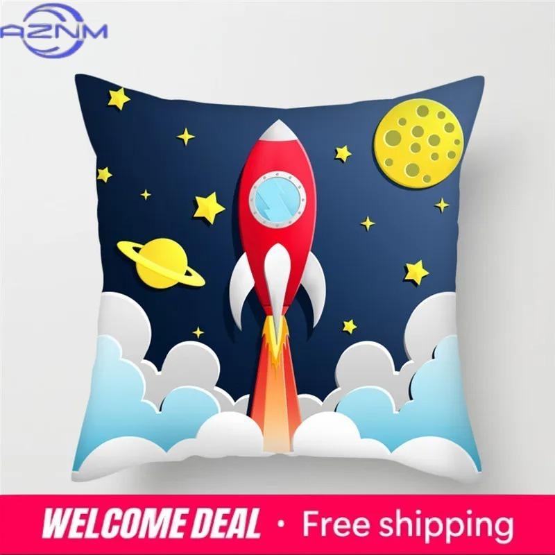 Cartoon Astronaut & Rocket Spaceship Pillow Cover Decor Space Theme Cushion Case For Sofa Bedroom, Galaxy Print Pillow Cover