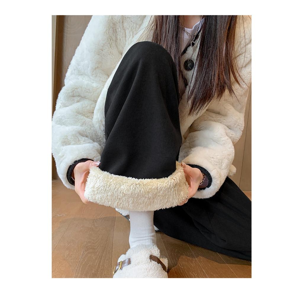 Women's Autumn and Winter Thick Lamb Wool Pants with Loose Drape and Wide Leg Pants Made of Wool