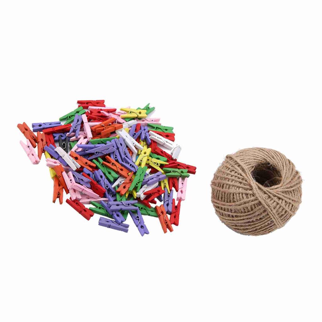 200pcs Natural Wooden Mini Clothespins Clip Peg with 1 Roll 50 Meter Jute Twine Crafts Decor