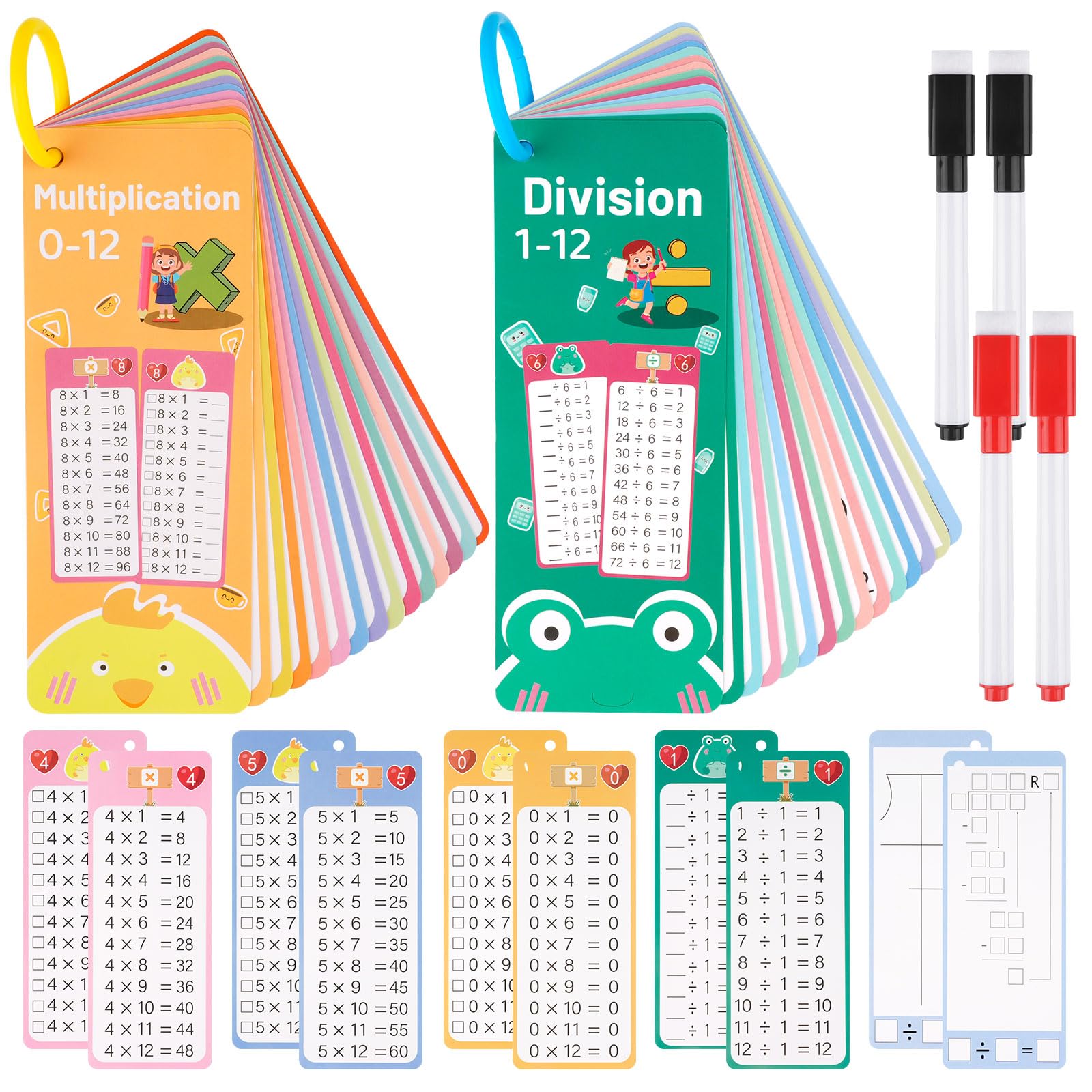 

30Pcs Multiplication and Division Flash Cards Reusable Educational Time Table Math FlashCards Toys with 4 Dry Erase Pens 2 Rings белый