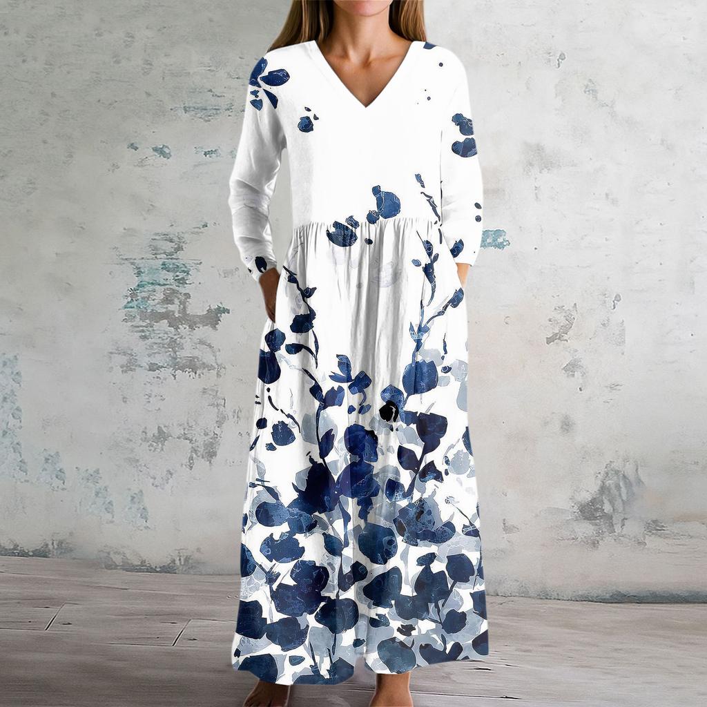 Damska Sukienka Modowa Wiosenna Sukienka z Dekoltem V i Długim Rękawem