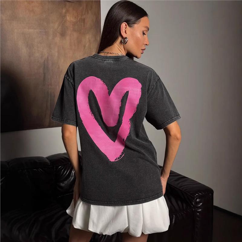 

Vintage-Style Black Heart Print Short Sleeve T-Shirt 2XL промывают черный