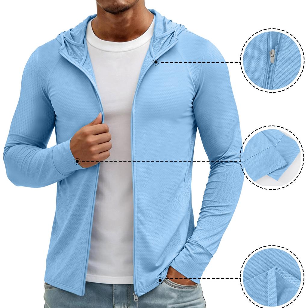 Giacca con cappuccio da uomo leggera con zip, sottile, protezione solare, traspirante, manica lunga, abbigliamento sportivo da esterno per ciclismo, pesca, escursionismo, arrampicata