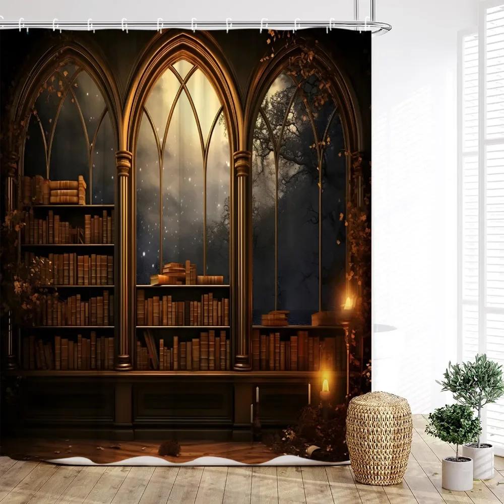 Vintage Bookshelf Shower Curtain, Magic Books Old Bookshelf Candles Ancient Attic Print Home Bathroom Decor With Hooks