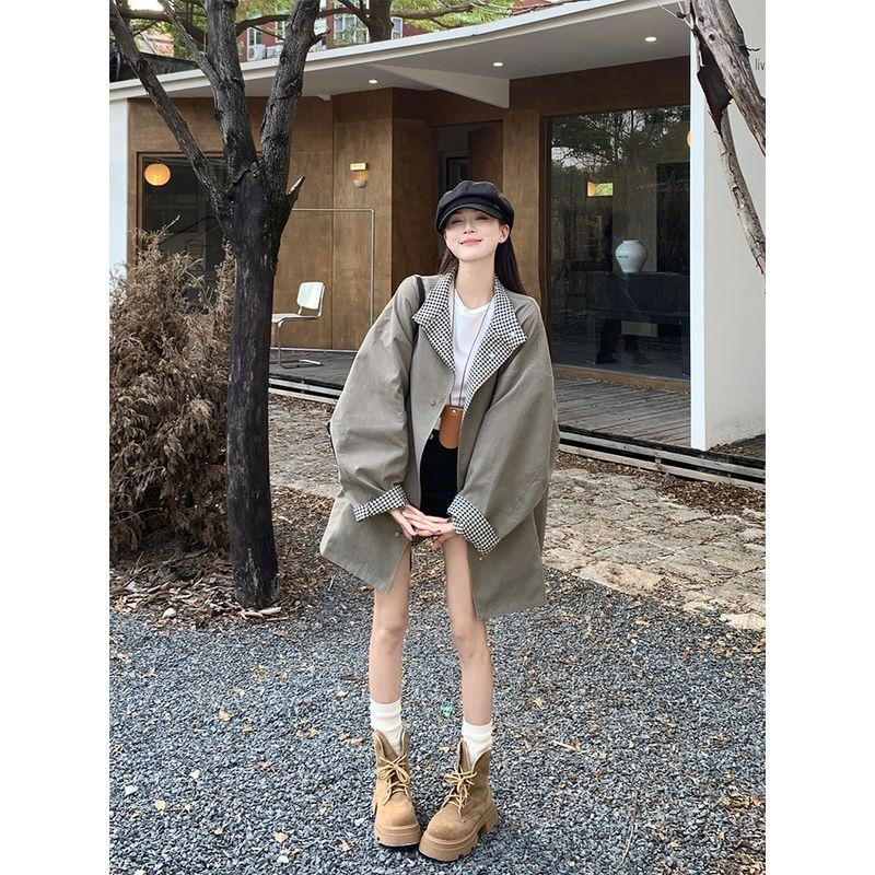 Kumikumi Design Sense Lapel Trench Coat Outerwear Women Clothes Autumn Chic Reverse Mid-Length Versatile Top