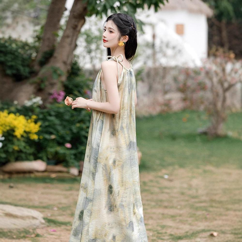 Sanya seaside skirt French loose temperament dress ink smudge printing suspenders holiday wind beach skirt summer