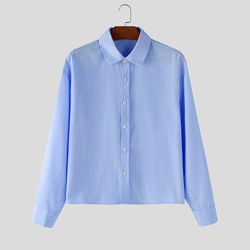 INCERUN Plus Size Men Spring Turn Down Collar Long Sleeve Striped Shirts Casual Tops