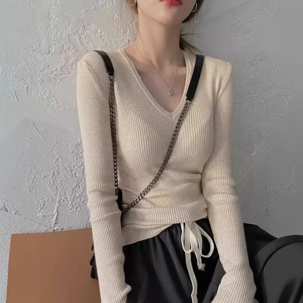 

2025 Весенний женский трикотажный свитер премиум-класса серого цвета с V-образным вырезом, базовый слой с длинным рукавом для осени/зимы. One Size абрикосовый