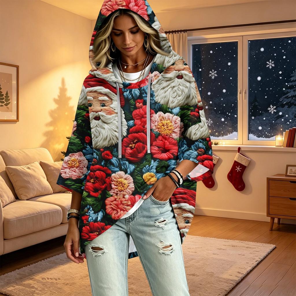Women's Christmas Print Three-Quarter Sleeve Hooded Pullover Top