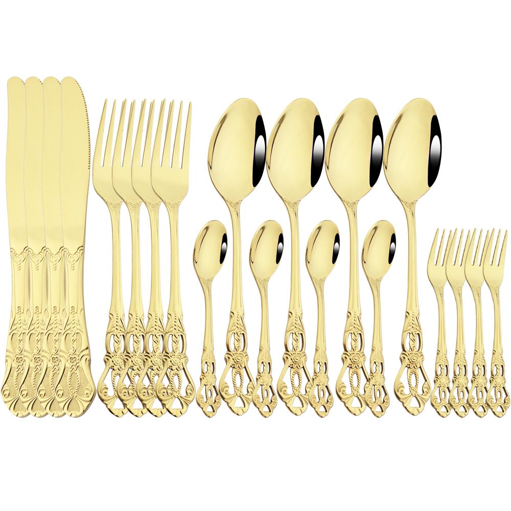 20Pcs Gold Dinnerware Set Food Grade Stainless Steel Cutlery Set Dinner Knife Fork Spoon Royal Silverware Mirror Flatware Set