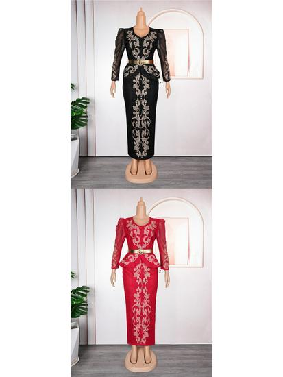 African Plus Size Rhinestone V-neck Formal Dress