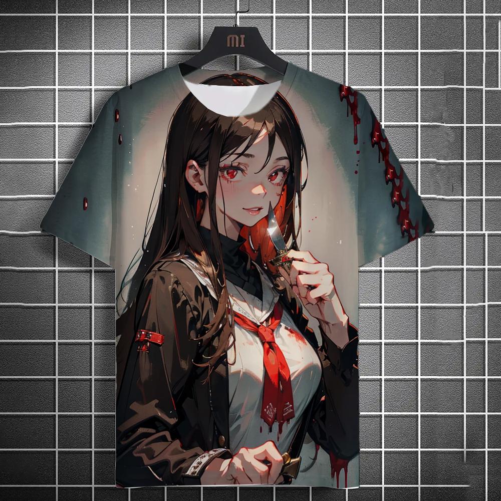 Summer New Men's Casual Short Sleeve T-Shirt Halloween Vampire Anime Girl Comfortable Breathable Retro Printed Short Sleeve