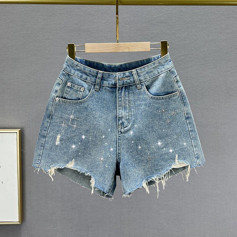 

Worn Denim Shorts Women s Fashion 2024 New Arrival Summer Clothing High Waist Loose and Slimming Ins European Goods Hot Rhinestone A- line Hot Pants Blue 27
