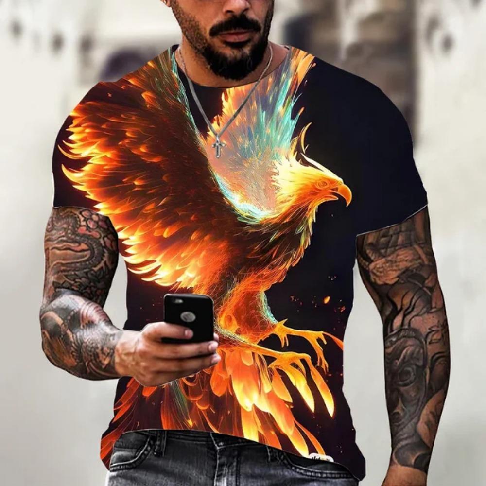 Anime Cartoon Phoenix 3d Printing Gorgeous and Cool Men's Summer Avant-garde Personality Round Neck Short-sleeved Casual T-shirt