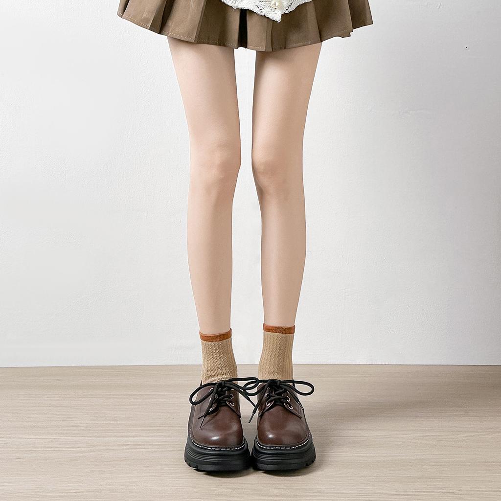 Round Head Women's Platform Small Leather Shoes, Lace-up Thick Heel Height-increasing Single Shoes