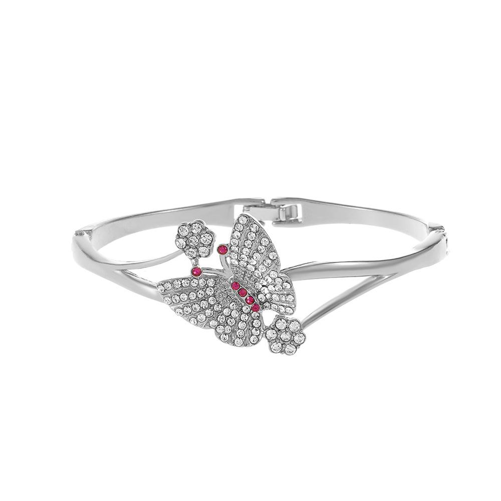Vintage Full Paved Stone Butterfly Flower Bangle Dual Hollow Curved Band Snap Clasp Floral Insect Statement Wrist Jewelry for Women