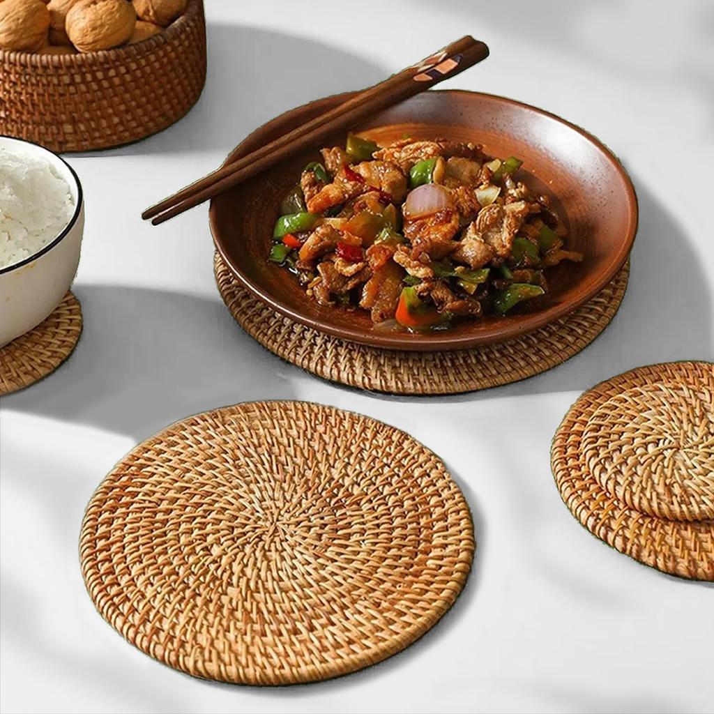 Set of 2 Rattan Natural Insulated Hot Pot Handwoven Rattan Trinket Insulated Pads for and Handmade Natural Coasters Set of Heat-Resistant Trivets,