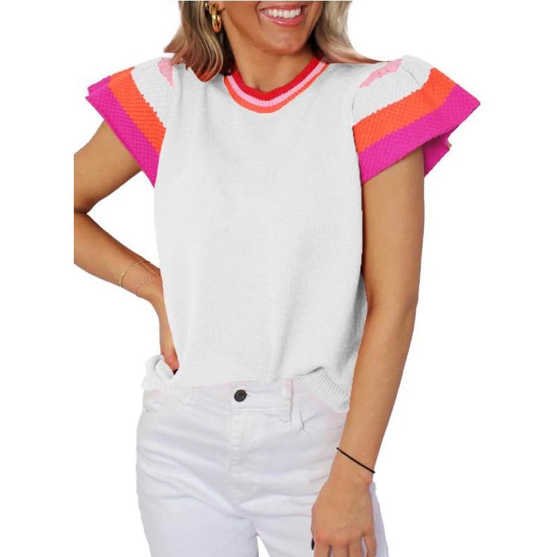Women's Summer Round Neck Knit Top Clashing Colours Sweet Short Sleeve Sweater