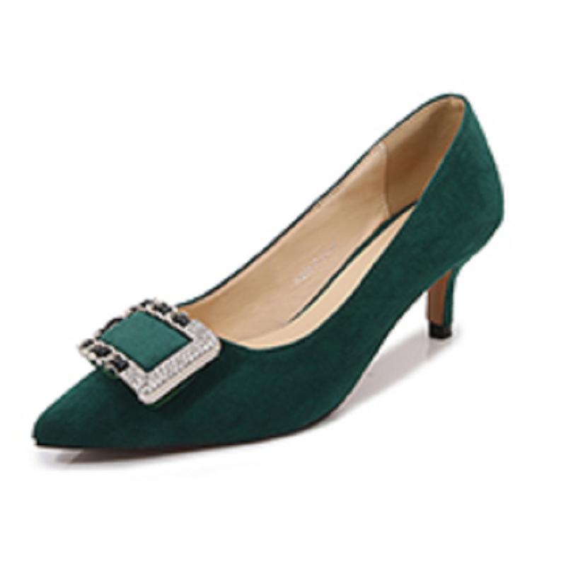 Temperament rhinestone square buckle professional single shoes pointed head light mouth stiletto black high heels female Melnis