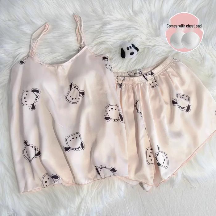 

Ice & Snow Ribbon Padded Camisole Pajama Set - Summer Girly Style, Woven Pure Cotton M, L