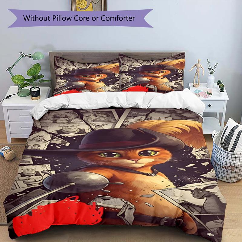 3-teiliges Bettbezug-Set (1 * Bettbezug + 2 * Kissenbezug, ohne Kern), Gestiefelter Kater Druck Bettwäsche-Set, Schlafzimmer-Dekoration, Ganzjahres, Geburtstagsgeschenk
