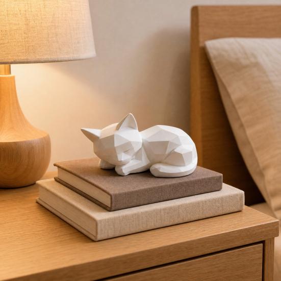 Geometric Sleeping Cat Figurine, 3D Printed Minimalist Cat Statue, Abstract Animal Sculpture for Desk Shelf Home Office Decor