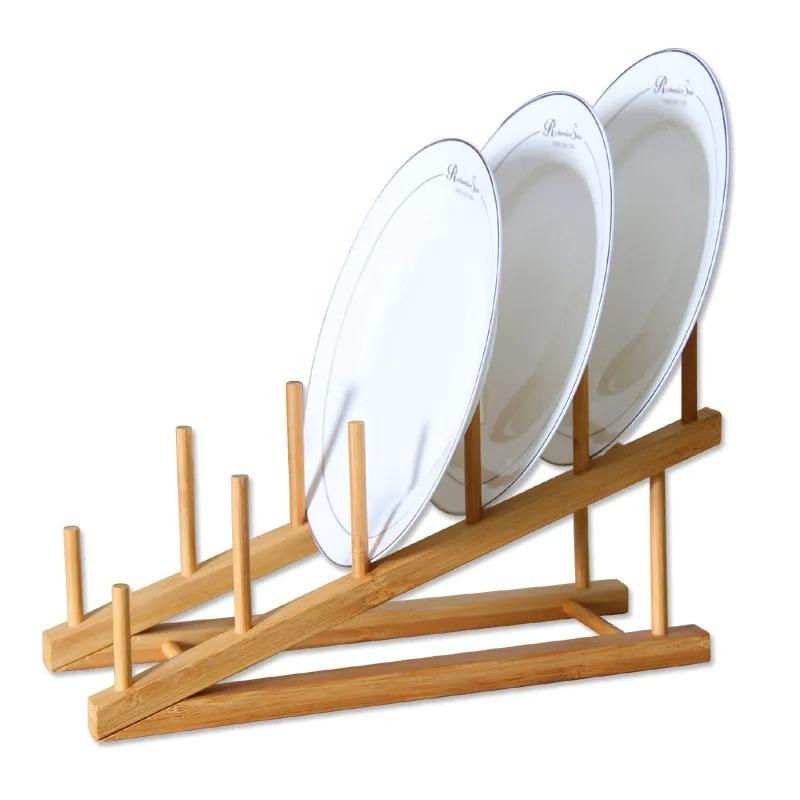 Household Kitchen Bamboo Wood Display Display Rack Kitchen Multi-Functional Plate Storage Rack Dish Plate Draining Rack