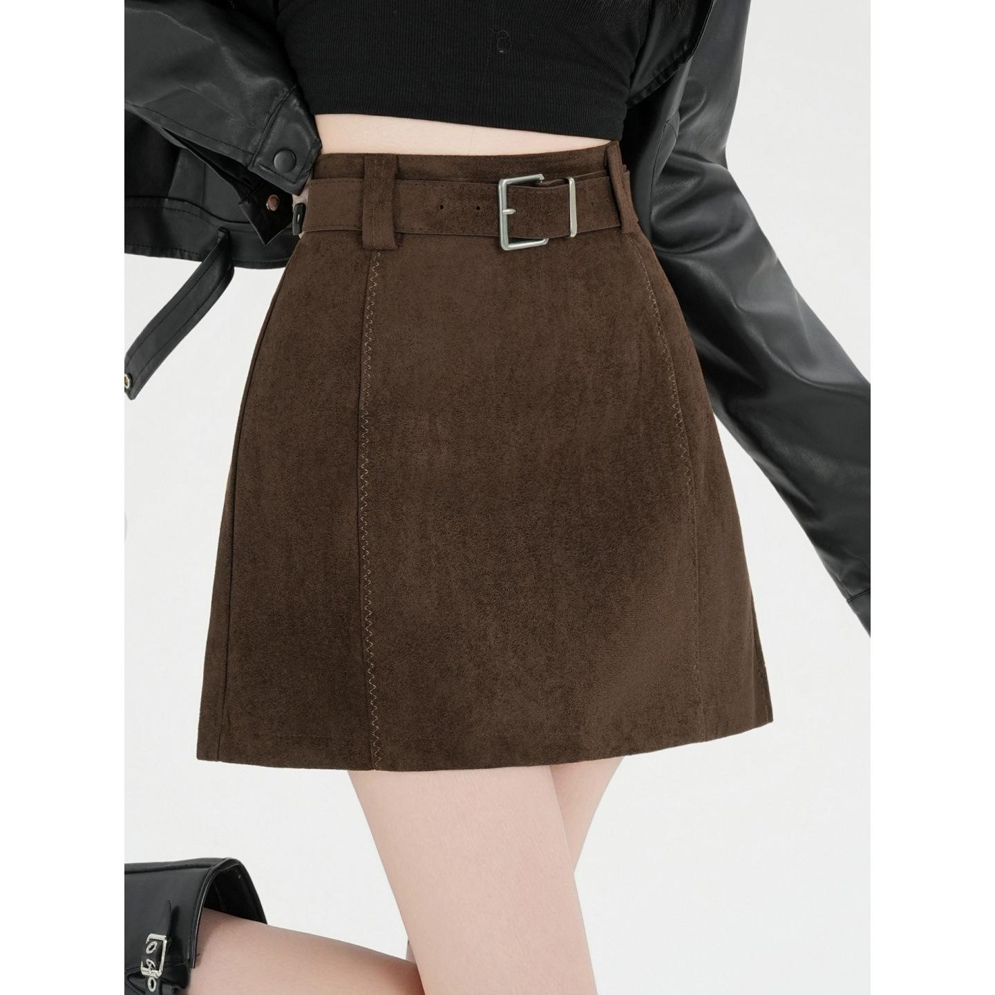 

Elegant High-Waist Suede A-line Skirt for Women - Coffee Color, Anti-exposure, Slimming and Hip-hugging, Perfect for Spring and Fall. S