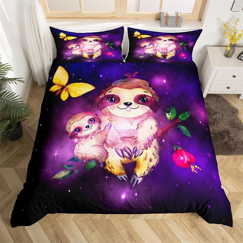 Raccoon Bedding Set Cute Cartoon Animal Duvet Cover Set Universe Galaxy Comforter Cover Polyester Red Starry Sky Bedspread Cover