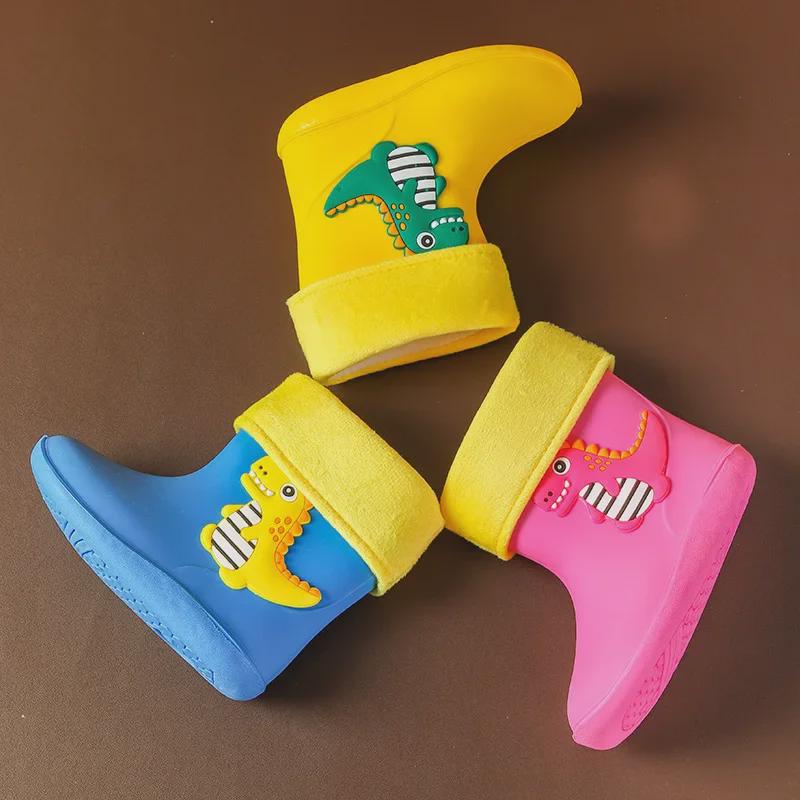 Kids' Cartoon Dinosaur Waterproof Rain Boots with Drawstring, Cotton-Lined, for Boys and Girls, Ideal for Kindergarten.