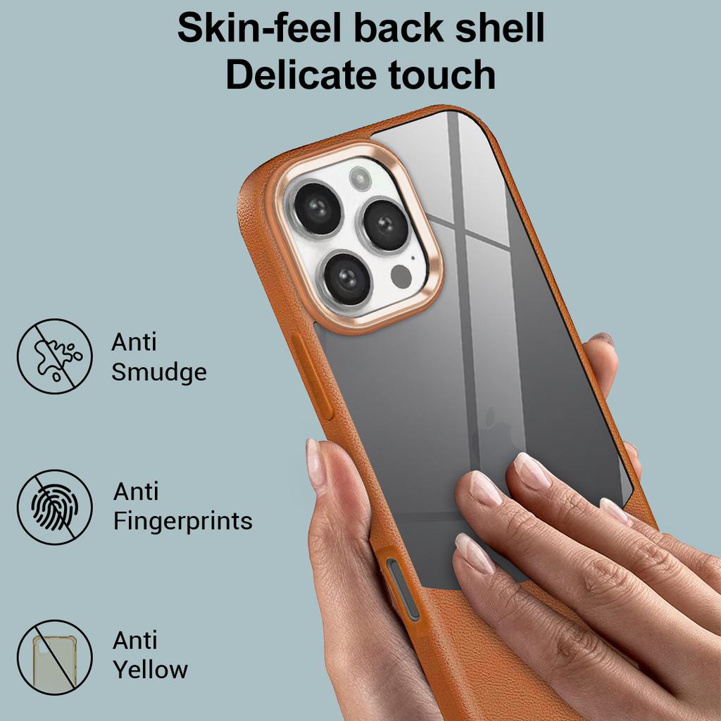 2 IN 1 Splicing Leather Texture Clear Acrylic Case For iPhone 16 15 14 Plus 11 Pro Max Metal Lens Protect Shockproof Cover