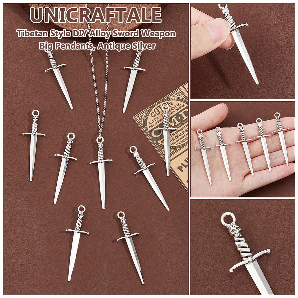 40Pcs Tibetan Style DIY Alloy Sword Weapon Big Pendants Antique Silver 58x18x5mm Hole: 3mm