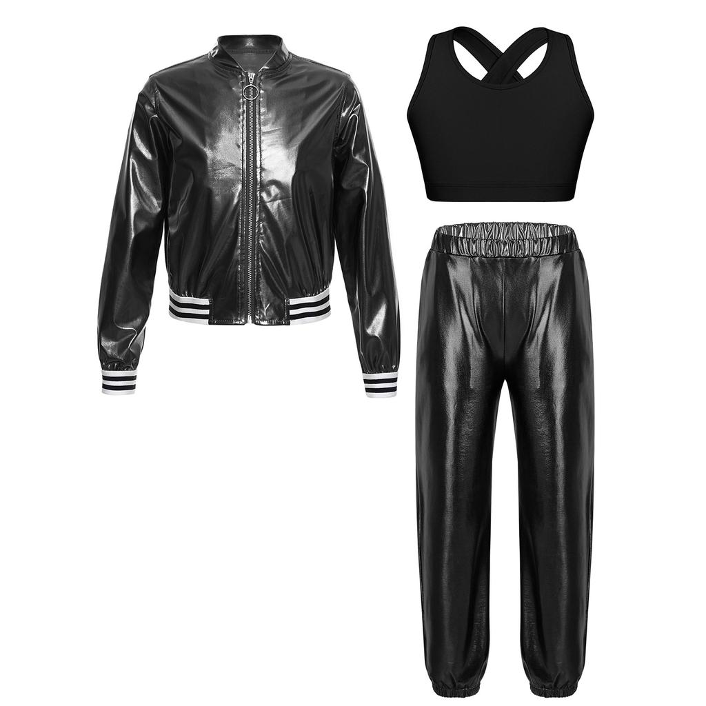 Girls Cross Back Vest Set Sleeveless Keyhole Long Sleeve Jacket Zipper Pants Hip Hop Dance Costume